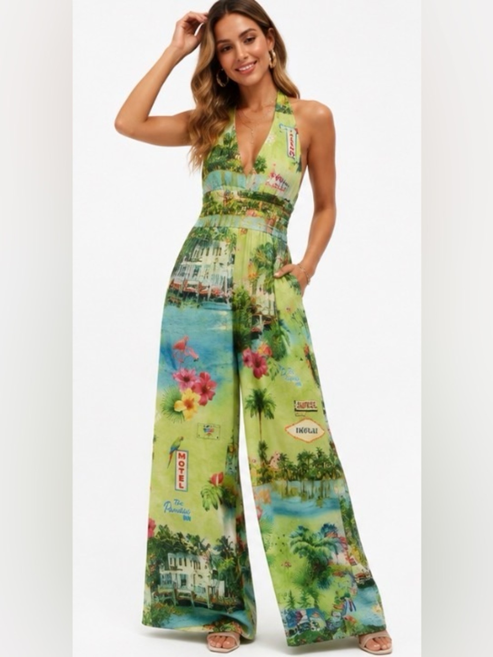 Endless Moon NWT Tropical Miami Halter Wide Leg Jumpsuit Green M